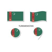 conjunto de iconos del logotipo de la bandera de turkmenistán, iconos planos rectangulares, forma circular, marcador con banderas. vector