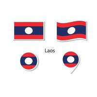 conjunto de iconos del logotipo de la bandera de laos, iconos planos rectangulares, forma circular, marcador con banderas. vector