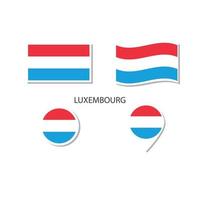 conjunto de iconos del logotipo de la bandera de luxemburgo, iconos planos rectangulares, forma circular, marcador con banderas. vector