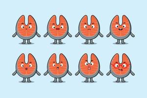 Establecer dibujos animados de salmón fresco kawaii con expresiones vector