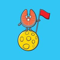 cartoon Fresh salmon standing on moon with flag vector