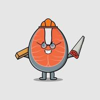 cartoon fresh salmon carpenter with saw and wood vector