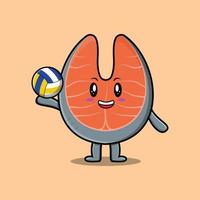 personaje de salmón fresco de dibujos animados jugando voleibol vector