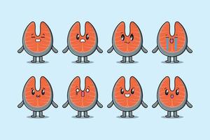 Establecer dibujos animados de salmón fresco kawaii con expresiones vector
