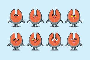 Set kawaii fresh salmon cartoon with expressions vector