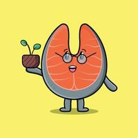 Cute cartoon fresh salmon holding plant in a pot vector