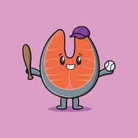 personaje de salmón fresco de dibujos animados lindo jugar béisbol vector