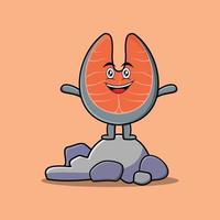 Cute cartoon fresh salmon character stand in stone vector