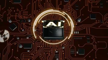 Animación 3d de inteligencia artificial ai en la unidad de procesador central del conjunto de chips de cpu y placa de circuito de impresión eléctrica con semáforo de datos en la oscuridad y procesamiento de grano video
