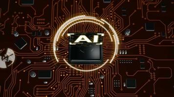 animação de renderização 3d de inteligência artificial ai na unidade central do processador do chipset cpu e placa de circuito de impressão elétrica com semáforo de dados no escuro e grãos processados video