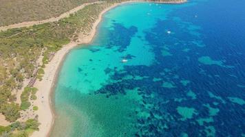 Luftaufnahme einer wunderschönen Insel mit ruhigem, klarem Wasser in der Nähe von Korallenriffen video