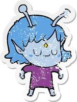 distressed sticker of a cartoon alien girl vector