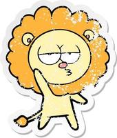 distressed sticker of a cartoon bored lion waving vector