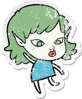 distressed sticker of a pretty cartoon elf girl vector