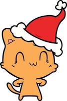 line drawing of a happy cat wearing santa hat vector