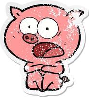 distressed sticker of a shocked cartoon pig sitting down vector