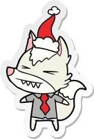 angry wolf boss sticker cartoon of a wearing santa hat vector