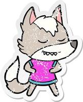 distressed sticker of a friendly cartoon wolf girl vector