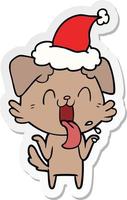 sticker cartoon of a panting dog shrugging shoulders wearing santa hat vector