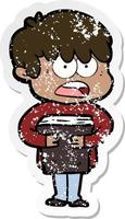 distressed sticker of a worried cartoon boy vector