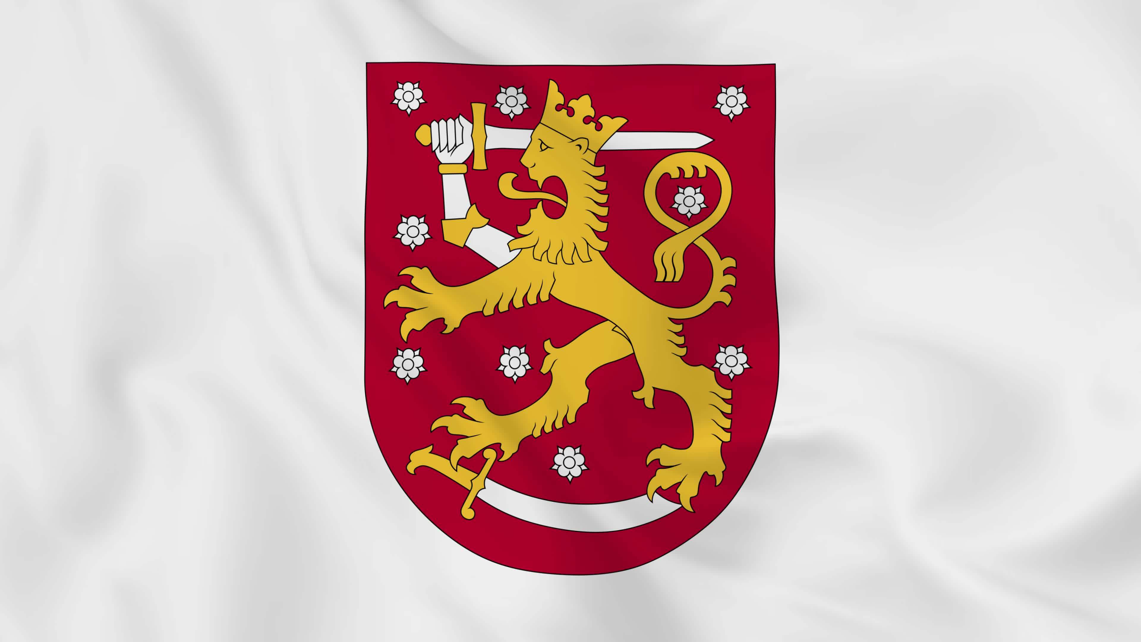 National Emblem Coat Of Arms Or Symbol Of Finland In Waving Flag