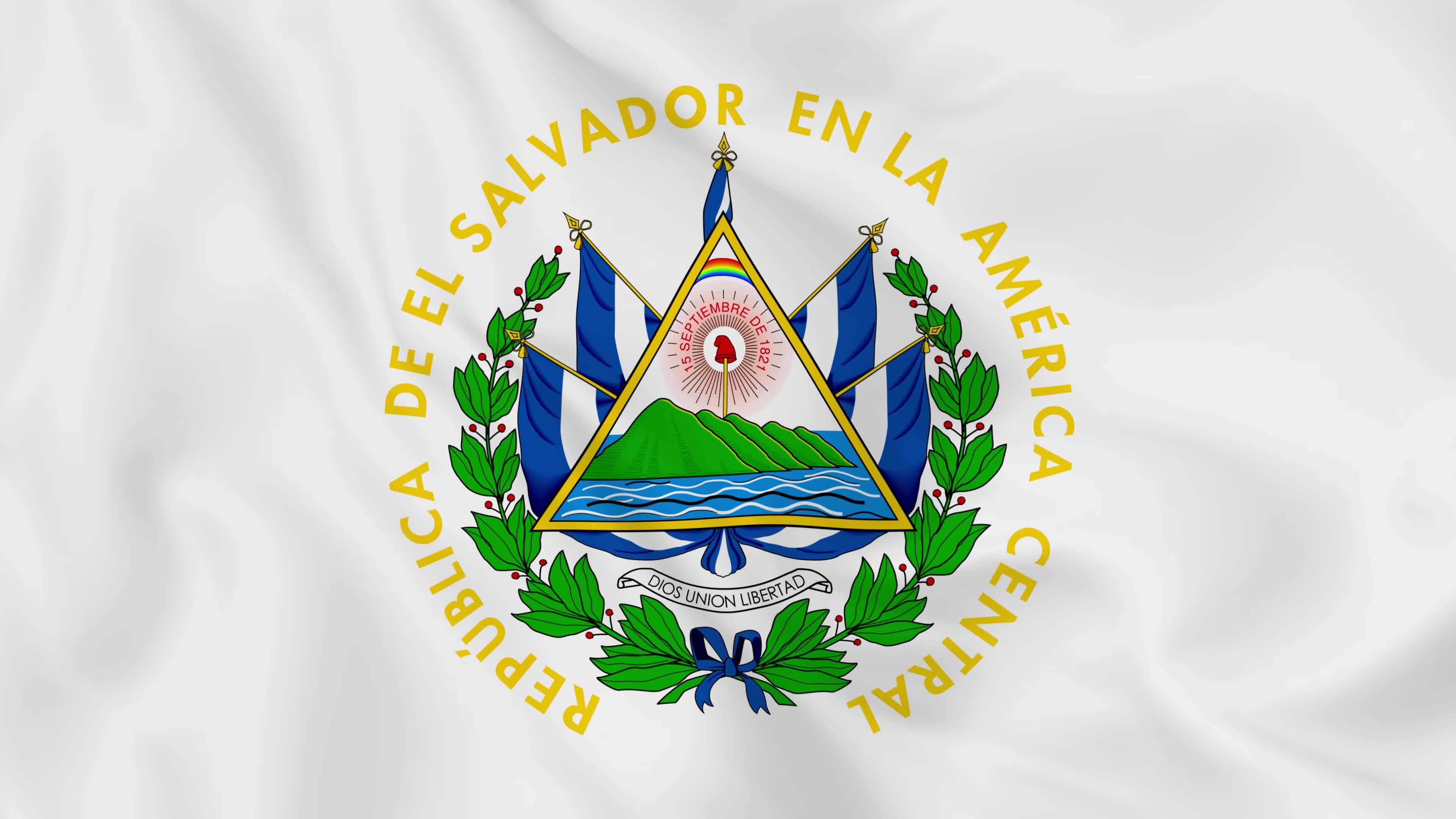 national emblem coat of arms or symbol of El Salvador in waving flag