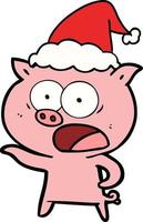 line drawing of a pig shouting wearing santa hat vector