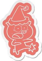 cartoon  sticker of a pig shouting and kicking wearing santa hat vector