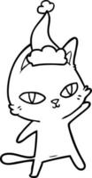 dibujo lineal de un gato mirando con sombrero de santa vector