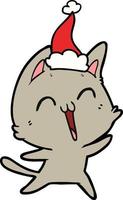 happy line drawing of a cat wearing santa hat vector