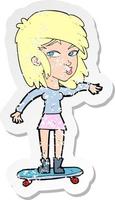 retro distressed sticker of a cartoon woman on skateboard vector