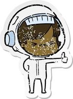 distressed sticker of a cartoon astronaut woman vector