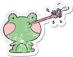 distressed sticker of a cartoon frog catching fly vector