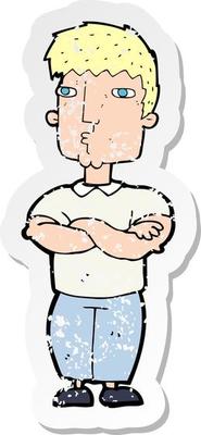 retro distressed sticker of a cartoon man with crossed arms