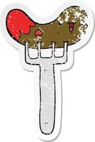 distressed sticker of a cartoon sausage and fork vector