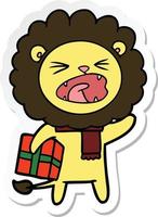 sticker of a cartoon lion with christmas present vector