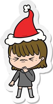sticker cartoon of a girl regretting a mistake wearing santa hat