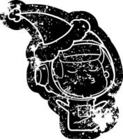 cartoon distressed icon of a confident astronaut wearing santa hat vector