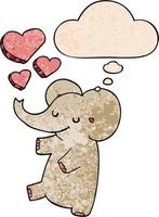 elefante de dibujos animados con corazones de amor y burbuja de pensamiento en estilo de patrón de textura grunge vector