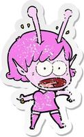 distressed sticker of a cartoon shocked alien girl vector