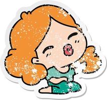 distressed sticker cartoon of cute kawaii girl vector