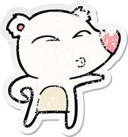 distressed sticker of a cartoon explaining polar bear vector