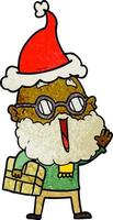 textured cartoon of a joyful man with beard and parcel under arm wearing santa hat vector