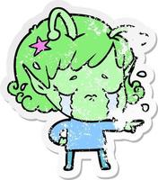 distressed sticker of a cartoon crying alien girl vector