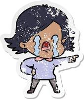 distressed sticker of a cartoon woman crying vector