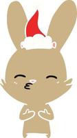 curious bunny flat color illustration of a wearing santa hat vector