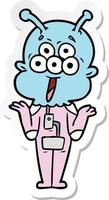 sticker of a happy cartoon alien shrugging shoulders vector