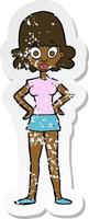 retro distressed sticker of a cartoon surprised woman vector