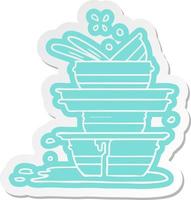 cartoon sticker of a stack of dirty plates vector