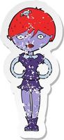 retro distressed sticker of a cartoon pretty vampire girl vector